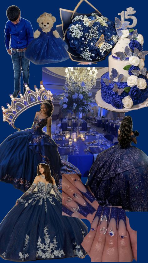 Stitch Theme Quinceanera, Navy Blue Masquerade Quince, Star Themed Quince, Navy And Gold Quinceanera Dresses, Quinceanera Blue And Gold Theme, Brave Quinceanera Theme, Midnight Blue Sweet 16 Decorations, Quince Themes Blue, Quince Decorations Navy Blue