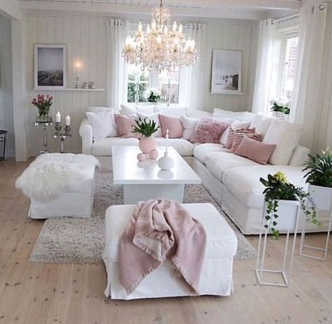 Romantic Living Room, Pinterest Living Room, Pink Living Room Decor, Modern Farmhouse Living Room Decor, White Living Room Decor, Furnitur Ruang Keluarga, Beach House Living Room, Pink Living Room, Shabby Chic Living Room