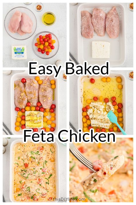 This Baked Feta Chicken is a perfect healthy recipe to add to your weekly meal plans. Does it get any yummier than savory baked chicken with feta and tomatoes bursting with creamy goodness? Simple ingredients, and super easy prep, make this versatile recipe a keeper. It can be served over pasta or rice or with a big salad for a lower-carb meal. Baked Feta Chicken, Savory Baked Chicken, Lower Carb Meals, Weekly Meal Plans, Feta Chicken, Baked Feta, Easy Chicken Breast, Chicken Pasta Bake, Feta Recipes