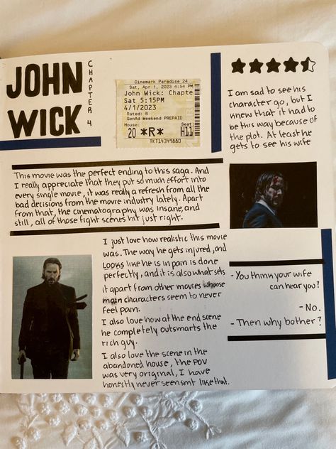 Movie Review Aesthetic, Movie Review Journal Ideas, Movie Review Template, Movie Review Journal, Review Aesthetic, John Wick Chapter 4, Scrapbook Inspo, Movie Journal, Review Template