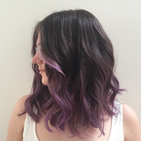 Change is good! Some purple loving for my girl 🆕🆕 #hair #haircolor #color #purplehair by #mizzchoi @ramireztransalon #ramireztran #ramireztransalon @pravana #coloredhair #purpleombre #purpletips (at... Purple Hair Highlights Aesthetic, Short Hair Styles Purple, Aqua Balayage Hair, Dyed Hair Purple Highlights, Short Hair With Purple Streaks, Fuschia Highlights Brown Hair, Purple Peekaboo Balayage, Light Brown Hair With Purple Tips, Dark Hair With Colorful Highlights