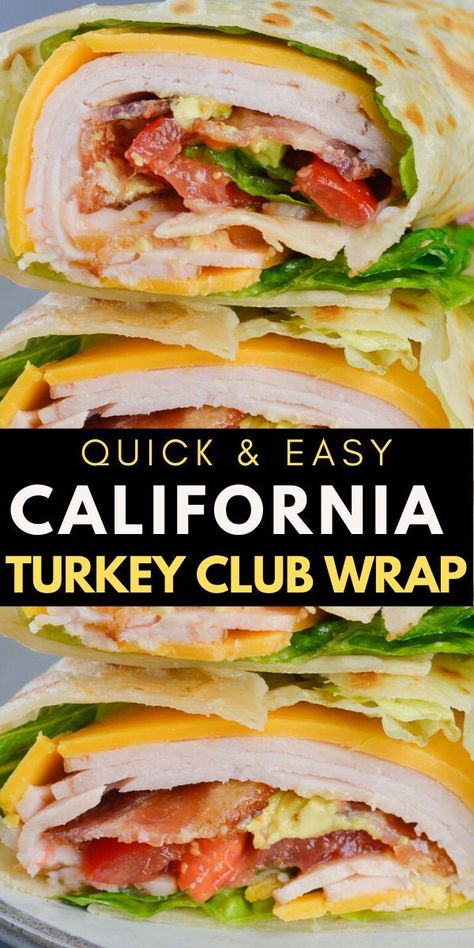 This California Turkey Club Wrap is packed with fresh vegetables, deli turkey and crispy bacon! The perfect easy wrap recipe! Is there anything more satisfying then a delicious wrap packed with fresh vegetables, deli meat and cheese? I think it is one of the easiest things to make, but it always hits the spot!  This California Turkey Club is one of my Turkey Club Wrap, Club Wrap, Turkey Wrap, Turkey Club, Sandwich Wrap, Healthy Wraps, Deli Turkey, Wrap Recipe, Easy Wrap