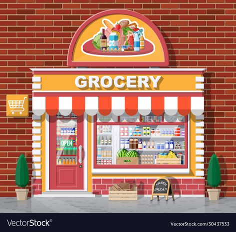 Cartoon Grocery Store, Grocery Store Drawing, Grocery Store Illustration, Supermarket Illustration, Small Grocery Store, Groceries Store, Store Cartoon, Store Illustration, Shop Vector