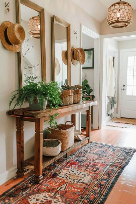 Area Rug Ideas, Eclectic Entryway, Diy Entryway Table, Entryway Table Ideas, Entryway Table Decor Ideas, Front Foyer, Boho Entryway, Welcoming Entryway, Entry Table Decor