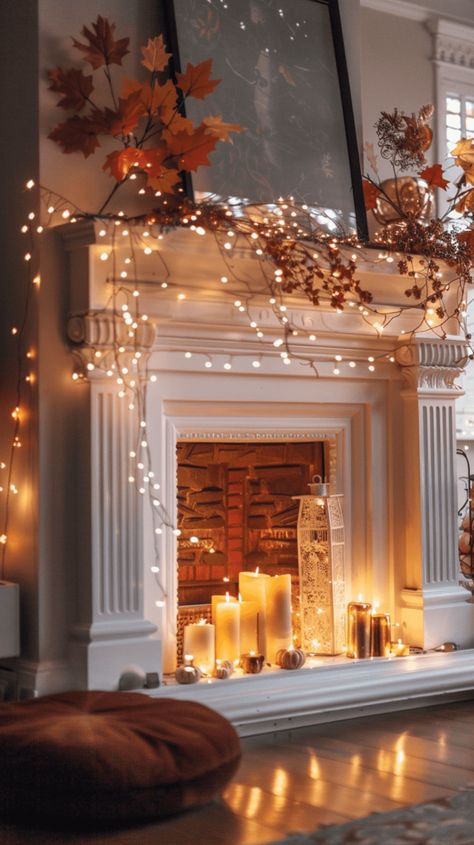 Mantle Fairy Lights, Wall Between Windows Decor, Fireplace Lights Inside, Fireplace Mantle Lighting Ideas, Fairy Lights In Fireplace, Lights Inside Fireplace, Candle In Fireplace, Candles In Front Of Fireplace, Fire Mantle Decor Ideas