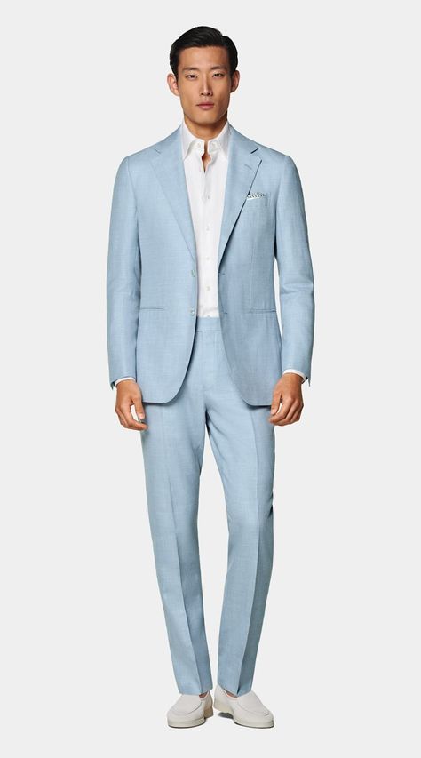 Light Blue Havana Suit in Wool Silk Linen Light Blue Blazer Outfit Men, Light Blue Tux, Men Linen Suit, Blue Blazer Outfit Men, Linen Wedding Suit, Blue Linen Suit, Sky Blue Suit, Linen Suits For Men, Blue Tux