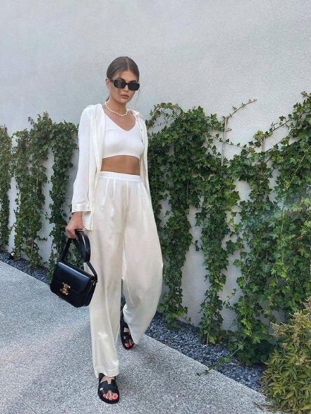 Silky Outfit, Denmark Fashion, Viking Women, High Waist Wide Leg Pants, Independent Women Quotes, Satin Pants, High Waist Pants, Silk Trousers, Ivory Silk