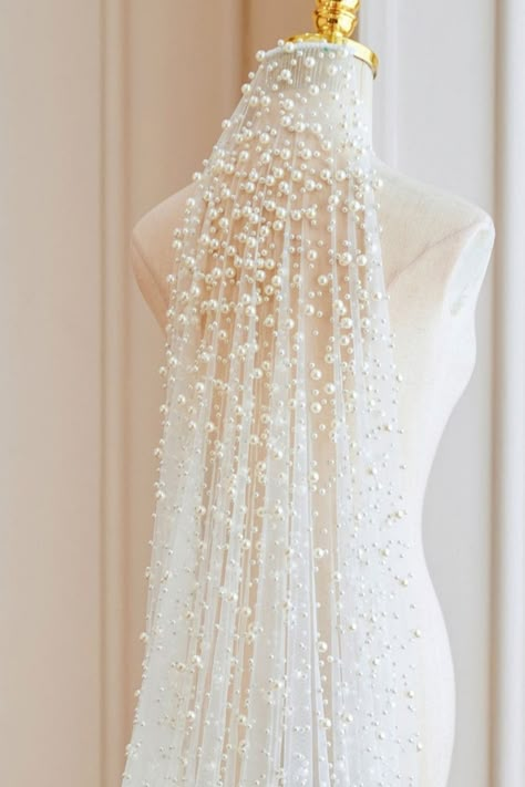 Long Pearl Veil Wedding, Pearl Wedding Dress Accessories, Pearl Mesh Wedding Dress, Long Wedding Veil With Pearls, Wedding Dress With Long Veil Pearls, Pearled Wedding Veil, Simple Wedding Dress Pearl Veil, Wedding Dresses With Pearls, Pink Ombre Wedding Dress