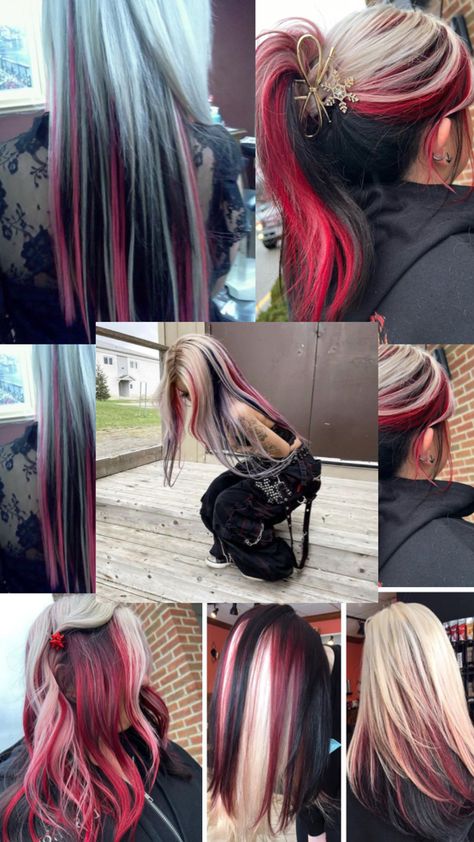 Streaked Colored Hair, Hair Dye Parting, S Curl Hair, Rainbow Brunette Hair, Pink Color Blocking Hair, Blonde Hair With Other Colors, Black Low Lights For Blonde Hair, Split Hair Hairstyles, Indie Hair Dye Ideas