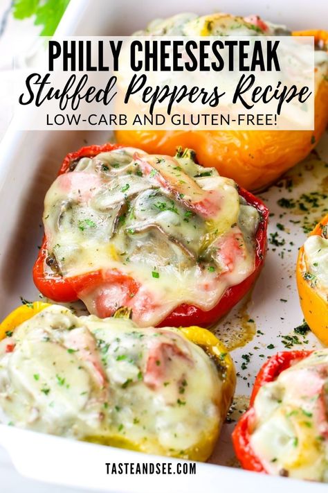 This Philly Cheesesteak Stuffed Peppers Recipe is easy to make, full of flavor, and a great way to enjoy the classic taste of a Philly cheesesteak without the extra carbs. They're packed with lean ground beef, mushrooms, onions, and peppers - topped off with yummy melted provolone cheese. Stuffed Pepper Philly Cheesesteak, Cheesesteak Stuffed Peppers Ground Beef, Steak And Cheese Stuffed Peppers, Low Carb Stuffed Peppers Beef, Philly Steak Stuffed Peppers, Philly Cheese Stuffed Peppers, Philly Cheese Steak Stuffed Bell Peppers, Healthy Cheesesteak Recipes, Philly Cheese Steak Peppers