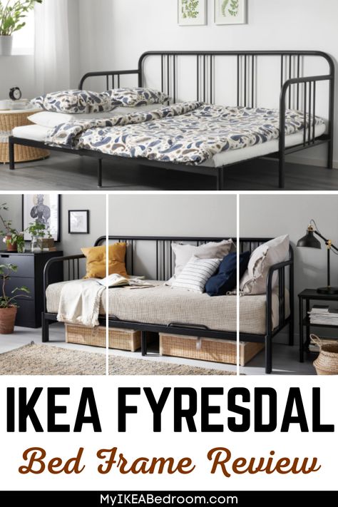 IKEA Fyresdal Bed Frame Review: IKEA Fyresdal bed frame is a great bedding solution for a guest room or a teen’s room with less space. Its solid steel structure makes it sturdy and durable, meaning your frame will last long and do its job properly. It can be used as a single or a double bed, depending on how you need it to be. Metal Daybed Ikea, Ikea Pullout Bed, Daybed For Guest Room, Single To Double Bed, Ikea Iron Bed, Guest Bed Solutions, Guest Room With Daybed Ideas, Ikea Daybed Room Ideas Small Spaces, Ikea Day Beds