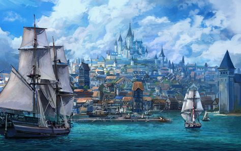 Arte Zombie, Fantasy Town, Harbor City, Rpg Map, My Fantasy World, Fantasy City, Fantasy Castle, Fantasy Story, Name Generator