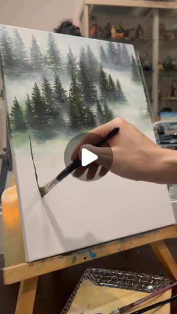 Tela, Painting Misty Forest, Acrylic Painting Ideas Landscape Forests, How To Paint Misty Forest, Foggy Forest Acrylic Painting, Acrylic Painting Trees Forests, Winter Scenes Paintings, How To Paint A River, How To Paint Forest