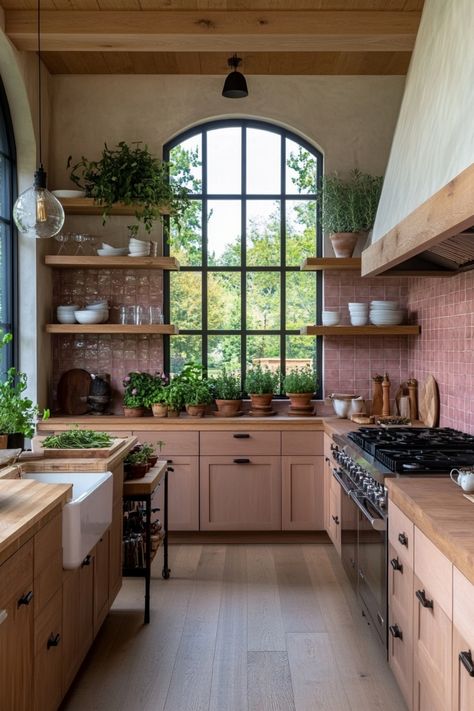 Learn how to create the perfect pink kitchen with these tips and decor ideas. Pink Brown Kitchen, Brown And Pink Kitchen, Earthy Pink Kitchen, House Inspiration Kitchen, Green Pink Wood Kitchen, Vintage Pink And Green Kitchen, Pink And Grey Kitchen, Hawaii Kitchen, Cottagecore Kitchen Wood Cabinets