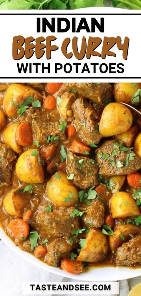 This Indian Beef Curry with Potatoes is a rich and delicious dish that will warm you from the inside out - with global spices like cumin, turmeric, garam masala, coriander, red pepper, and bay leaves. This beef chuck roast is simmered with beef stock, tomato paste, onions, garlic, and ginger, creating the most tender meat and veggies. Indian Beef Curry, Curry With Potatoes, Beef Curry Recipe, Garlic And Ginger, Beef Curry, Beef Chuck Roast, Beef Chuck, Beef Stock, Bay Leaves