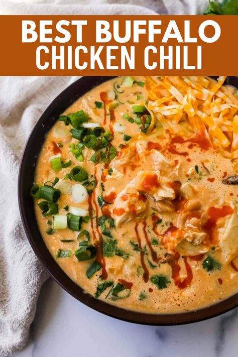 This Creamy Buffalo Chicken Chili is the perfect twist on a white chicken chili recipe. It is perfectly spiced, creamy, and has the right amount of tang. This will be your new favorite Buffalo white chicken chili recipe! Buffalo White Chicken Chili, Buffalo Chicken Chili Recipe, Gf Lunch, Creamy Buffalo Chicken, Buffalo Chicken Chili, Buffalo Chicken Soup, White Chicken Chili Recipe, Chicken Chili Crockpot, 2023 Recipes