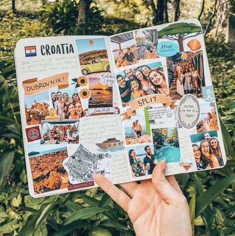 Photo Scrapbook Page Ideas, Travel Scrapbooking Pages, Travelling Scrapbook Ideas, Travel Aesthetic Journal, Travel Memories Book, Scrapbook Ideas For Travel Memories, Travel Album Ideas Photo Journal, Travel Scrapbook Journal, Scrapbook Summer Aesthetic