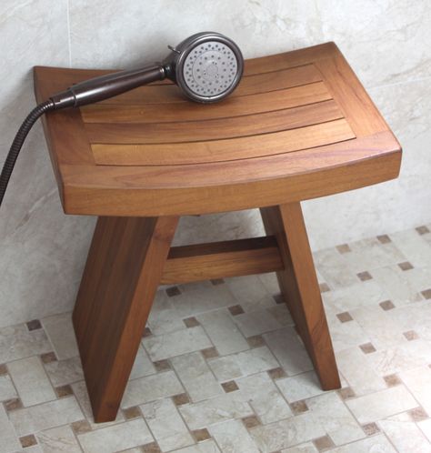 No built in shower bench? Use a teak shower stool. Teak Shower Seat, Teak Shower Stool, Meditation Stool, Wood Shower Bench, Teak Shower Bench, Beachfront Decor, Teak Patio Furniture, Wood Bath, Shower Stool