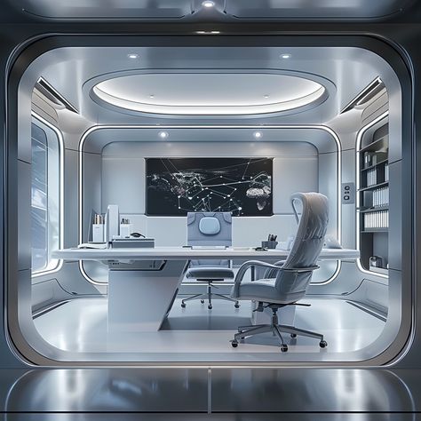 real image, a futuristic office scene with a sleek desk at the center, populate the desk with modern office supplies arranged neatly and ensure there's ample space on the desk for a computer and monitor, color palette should predominantly feature shades of white and gray, aim for a professional yet minimalist ambiance in the image Futuristic Home Office, Scifi Office, Futuristic Lobby, Futuristic Classroom, Technology Concept Art, Futuristic Office Interior, Sci Fi Office, Futuristic Home Interior, Futuristic Office Design