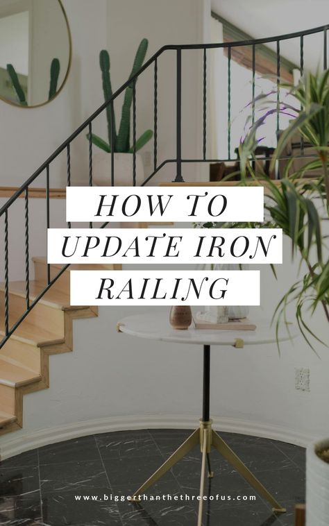 Learn how to modernize your stair handrail with this stair railing idea! Transform your old wrought iron handrails to a cleaner, modern handrail by grinding off the scrolls! Learn how with this interior handrail tutorial! #ironhandrail #handrailidea #staircaseidea #diystairhandrail Metal Staircase Railing, Iron Stair Spindles, Metal Handrails For Stairs, Modern Handrail, Interior Handrails, Indoor Stair Railing, Iron Staircase Railing, Stair Railing Makeover, Diy Staircase Makeover