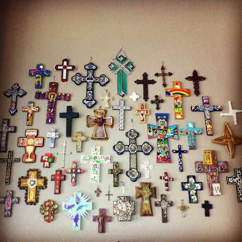 Cross collage Cross On Wall Decor Ideas, Cross On Wall, Cross Gallery Wall, Cross Collection Wall Ideas, Cross Collage Wall, Cross Room Decor, Different Crosses, Cross Wall Collage, Cross Collage