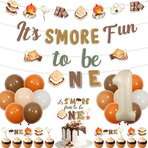 It's S'more Fun to Be One Birthday Party Decorations with S'mores Birthday Party Banner Garland It's S'more Fun to Be One Cake Cupcake Toppers for Camping Smore Theme Party Supplies #ad #smores #smoresparty #smoresbirthdayparty #itssmorefuntobeone #firstbirthday #firstbirthdayparty #firstbirthdaypartyideas #firstbirthdaypartythemes Smores Bday Party, Smore Party Decorations, Smores 1st Birthday Party, S’more Fun Birthday, Bonfire First Birthday Party, S'more Fun Being One, It's S'more Fun To Be One, S’more 1st Birthday, Campfire First Birthday Party