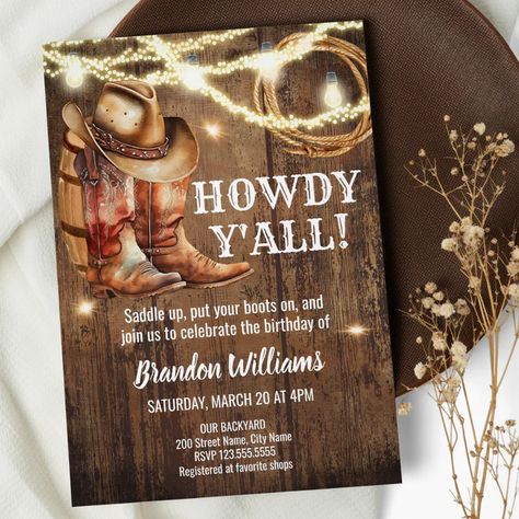 Rustic Boots and Hat Birthday Party Country Invitation  Zazzle Hat Birthday Party, Country Invitations, Rustic Boots, Hello Party, Western Birthday, Blue Acrylic Nails, Happy Party, Create Your Own Invitations, Editing Tools