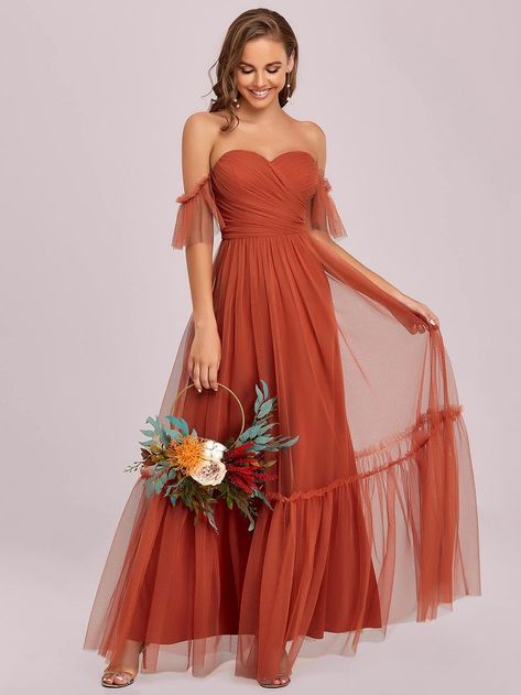 Women's Off-Shoulder Long Ruched Tulle Evening Dresses 50126 Classic Wedding Guest Dress, Stain Dress, Burnt Orange Bridesmaid Dresses, Light Pink Bridesmaid Dresses, Rust Color Dress, Rust Bridesmaid Dress, Dresses Dance, Orange Bridesmaid Dresses, Satin Evening Gown