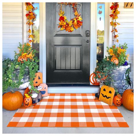 PRICES MAY VARY. 【THICKER & HEAVIER】KILOCOCO Halloween doormat is made of high-quality cotton that is soft and comfortable to touch. 20% thicker and heavier than other commonly available buffalo plaid rug. Made to the highest standards, environmental protection fabric, hand-woven, no loosing or rolled edge, not fade, thick and built to last for a long time. 【PERFECT SIZE 】Our fall doormat is perfect for layered door mats. Go pair this porch rug with a hello front door mat to create cute welcomin Buffalo Plaid Rug, Door Mat Outdoor, Plaid Area Rug, Plaid Rug, Fall Doormat, Farmhouse Entryway, Porch Rug, Front Door Mat, Halloween Door Mat