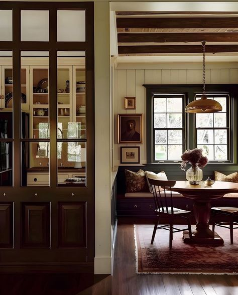 Tudor Revival Interior Design, Warm Brown Aesthetic, Warm Interior Design, Inviting Dining Room, Warm Home Aesthetic, Nadine Stay, Warm Dining Room, Brown Floor, Warm Interior