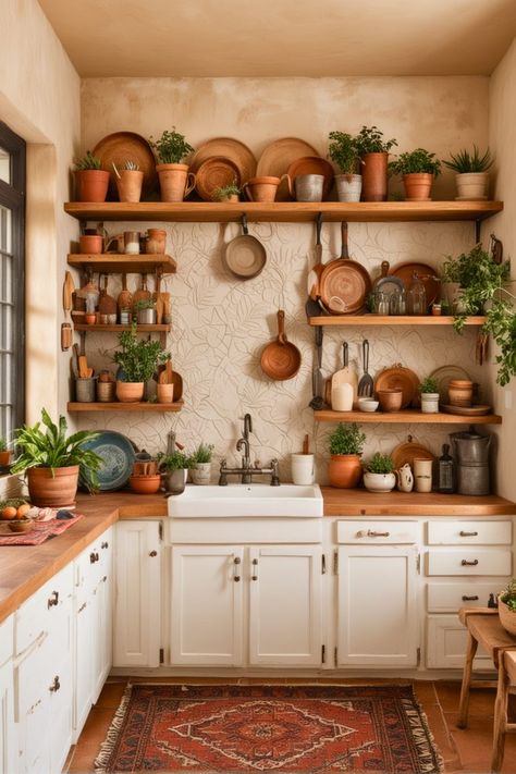 45 Gorgeous Boho Kitchen Ideas That Will Make Your Jaw Drop – The Crafty Hacks Bohemian Kitchen Aesthetic, Spanish Boho Kitchen, Western Boho Kitchen, Italian Kitchen Aesthetic, Boho Home Ideas, Eclectic Dinnerware, Boho Kitchen Curtains, Boho Farmhouse Kitchen, Modern Boho Kitchen