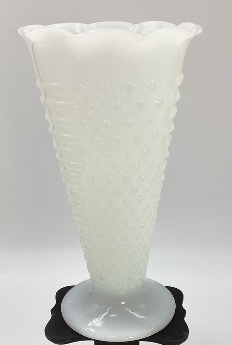 "Beautiful RARE Vintage Anchor Hocking White Milk Glass Hobnail Trumpet Style Vase, Scalloped Edge, Fluted Shaped Rim, Ruffled, Would Make A Lovely Table Centerpiece, Housewarming/Mother's Day Gift, Home/Table Decor, Great Addition To Your Own Vintage Decor, Collectible Vintage. Measures 9 1/2\" Tall & Width Is  4 3/4\" This Item Is In Excellent Vintage Condition.  Please, look at the pictures as part of our description. Also, Please keep in mind these are vintage and have been used before, for Milk Glass Centerpiece, Vintage Dishes Antiques, Milk Glass Decor, White Things, Vintage Glassware Antiques, Glass Wear, Home Table Decor, Antique Dishes, Mccoy Pottery