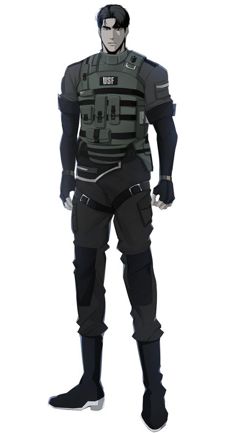 Anime Soldier Men, Soldier Oc Male, Anime Military Uniform, Mens Body Types, Men's Military Uniform, Zombie Apocalypse Outfit, Man Full Body, Black Outfit Men, Muscular Man