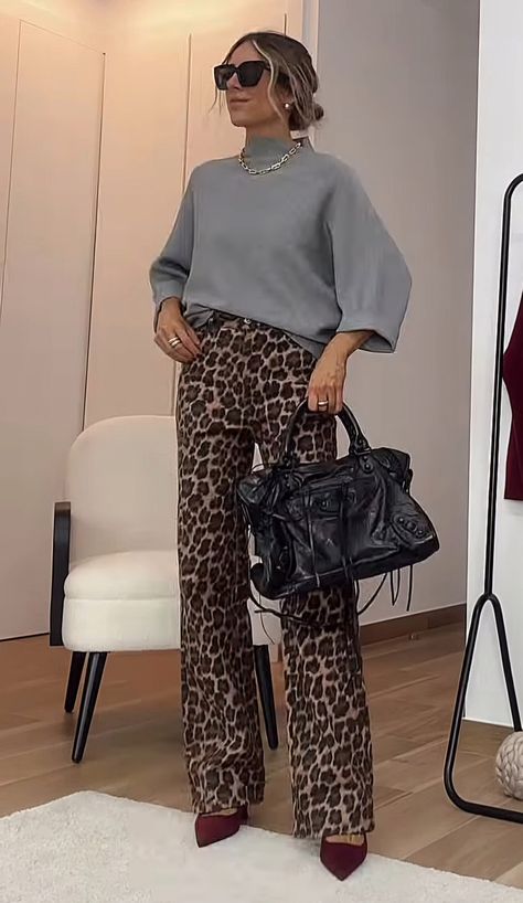 Snake Print Bodysuit Outfit, Gray And Leopard Outfit, Animal Print Pants Outfit Winter, Animal Print Tights Outfit, Leopard Wide Leg Pants Outfit, Animal Print Trousers Outfit, Outfits With Leopard Pants, How To Style Leopard Pants, Animal Print Sweater Outfit