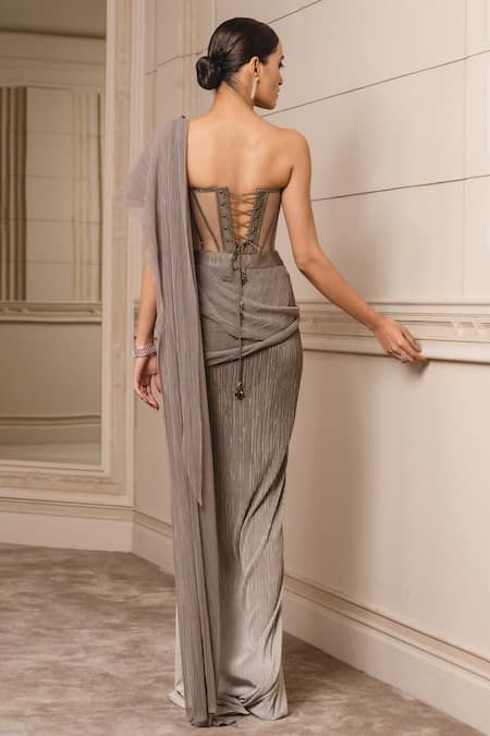 Buy Grey Crinkle Tulle Embroidered Sequins Pre-draped Saree With Corset For Women by Tarun Tahiliani Online at Aza Fashions.