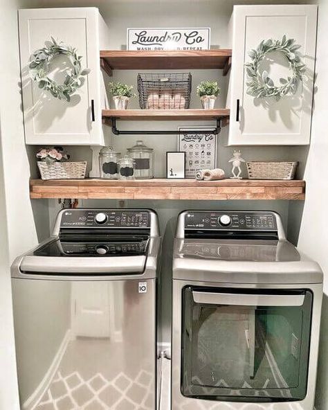 Small Rooms Decor Ideas, Cute Laundry Rooms Ideas, Laundry Room Ideas In Kitchen, Laundry In Half Bathroom, Simple Farmhouse Ideas, Laundry Room Storage Idea, Renovation Home Ideas, Laundry Room Remodel Farmhouse, Turn Bedroom Into Laundry Room