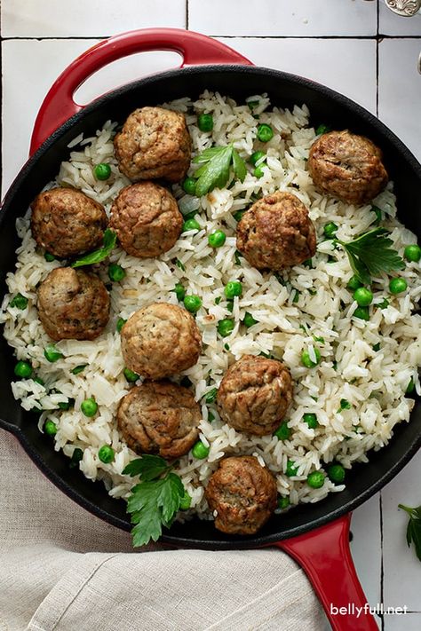 This Meatball Rice Skillet with Baby Peas is a delicious and easy weeknight meal all made in one pot. Great dinner option the entire family will love! Rice With Meatballs, Italian Meatballs And Rice, Frozen Meatball And Rice Recipes, Meatball And Rice Recipes, Ground Chicken And Rice, Meatball And Rice, Recipes Using Meatballs, Meatball Rice, Meatballs Rice