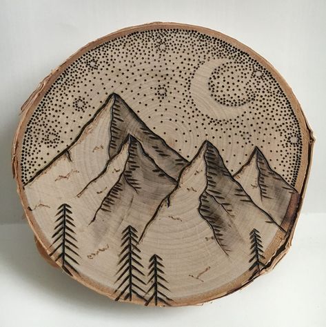 Pyrography Mountains, Wood Burning Tips, Stippling Art, Knitted Hoodie, Wood Burning Tool, Wood Slice Art, Woodburning Projects, Grey Lounge, Wood Burning Crafts