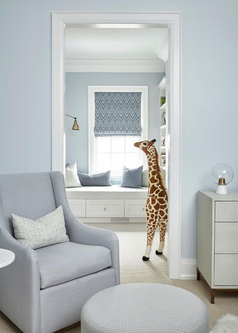 Grey Glider Nursery, Light Blue Rooms, Blue Gray Nursery, Light Blue Bedroom, Blue Grey Walls, Gray Nursery, Natural Nursery, Nursery Glider, Salon Suites