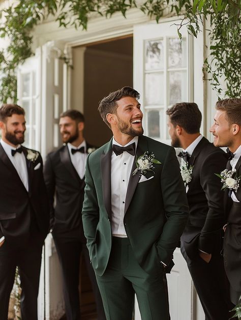 From timeless styles to unforgettable bro bonding moments, SuitCentury's groomsmen collection is here to redefine dapper! Step up your wedding game and make a statement with our impeccable suits that guarantee all eyes on the entourage. Enlist your squad and let the memories begin! #SuitCentury #MensFashion #TailoredSuits #FormalWear #DapperMen #WeddingSuits #GroomStyle #BusinessWear #ElegantAttire #FashionForMen #LuxuryMenswear Groom’s Suit, Groom Tux Different From Groomsmen, Emerald Green Groomsmen Suits, Wedding Green Suits Men, Dark Sage Green Groom Suit, Green And Tan Suit Wedding, Wedding Ideas Tuxedo, Wedding Ideas Suits, Men’s Wedding Suit Ideas