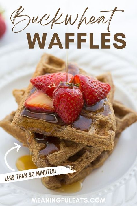 4 quarter waffles stacked on top of each other topped with sliced strawberries with syrup being poured on top. Buckwheat Waffles Gluten Free, Buckwheat Waffle Recipe, Rice Waffles Recipe, Waffle Mix Recipes, Buckwheat Flour Recipes, Buckwheat Gluten Free, Buckwheat Waffles, Almond Flour Waffles, Buckwheat Recipes