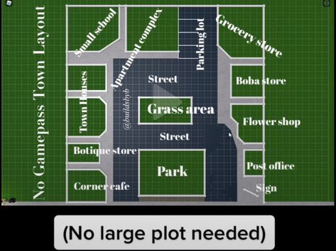 Bloxburg Town Layout Without School, Bloxburg Town Layout For Small Plot, Bloxburg City Ideas Small Plot, Town Lay Out Bloxburg, Small Bloxburg City Layout, Bloxburg Hotel Layout Cheap, Small Plot City Layout Bloxburg, Bloxburg Plot Layouts, Plot Ideas Bloxburg