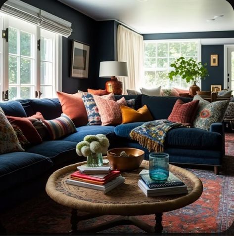 Navy Couch Mid Century Modern, Blue Velvet Couch Styling, Dark Blue Media Room, Moody Living Room Navy Couch, Navy Velvet Sofa Living Room Ideas, Dark Blue Couch Decor, Blue Couch Moody Living Room, Dark Navy Couch Living Room, Dark Blue Couches Living Room Decor