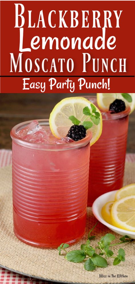 Blackberry Lemonade Moscato Punch is a great alcoholic party punch perfect for celebrations and gatherings with friends. Just a few ingredients in this easy large batch cocktail. #partypunch #cocktails #lemonade Alcoholic Party Punch, Moscato Punch, Party Punch Alcohol, Alcoholic Party, Easy Party Drinks, Easy Party Punch, Blackberry Lemonade, Alcoholic Punch Recipes, Lemonade Punch