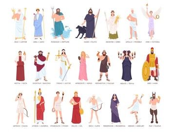 Print - Collection of Olympic gods and goddesses from Greek and Roman mythology, mythological creatures. Male and female cartoon characters isolated on white background. Flat colorful vector illustration. | k57236615| Fotosearch Greek Character, Imperiul Roman, Goddess Names, Roman Names, Greek Mythology Gods, Greek Mythology Tattoos, Ancient Greek Gods, Roman Gods, Female Cartoon Characters