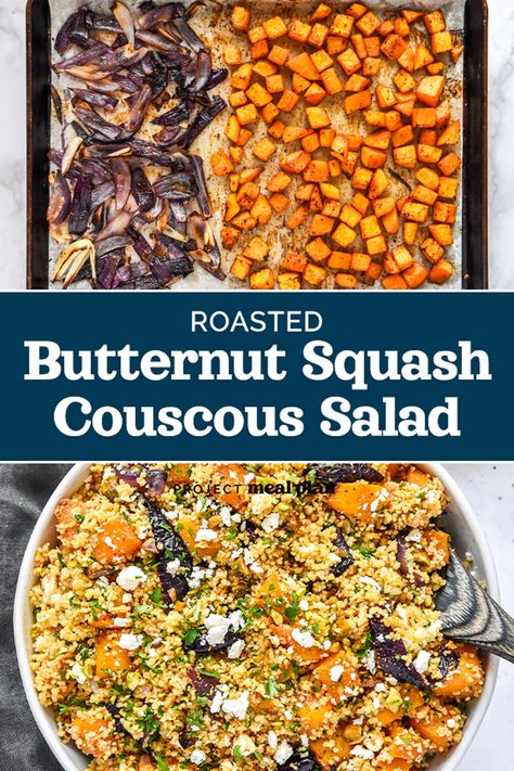 Full of cozy Fall flavors, this Roasted Butternut Squash Couscous Salad with maple vinaigrette makes an incredible no-reheat lunch, or dinner side! It’s both sweet and salty, plus packed with roasted squash, pistachios, and feta! Butternut Squash Couscous, Salad With Maple Vinaigrette, Maple Vinaigrette, Dinner Side, Couscous Recipes, Couscous Salad, Roasted Squash, Dinner Side Dishes, Fall Flavors