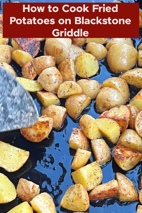 Learn how to make potatoes on the Blackstone griddle in minutes with this simple Blackstone potatoes recipe. Everyone loves this easy side dish, and you can cook it along with your favorite protein! via @meamel Home Fries On Blackstone Griddle, Blackstone Grilled Veggies, Cooking Potatoes On Blackstone Griddle, Fried Potatoes On The Blackstone, Potatoes On Flat Top Grill, Flat Top Potatoes, Potatoes Blackstone Griddle, Side Dishes On Blackstone, Blackstone Griddle Potato Recipes