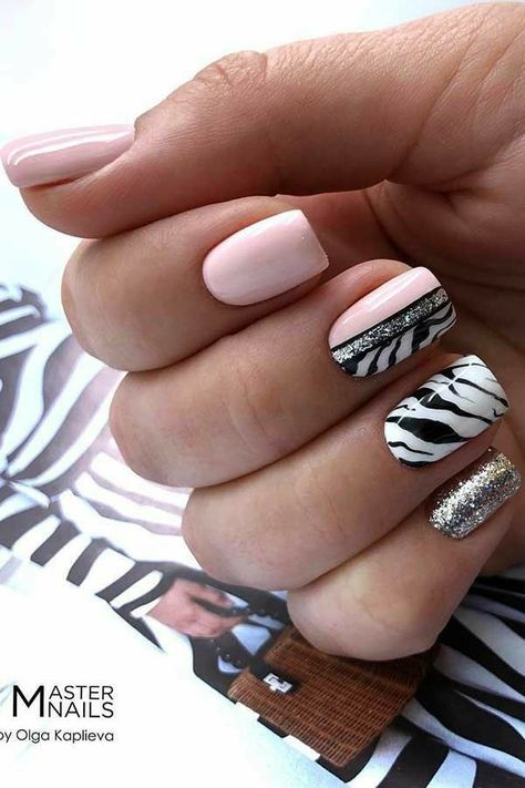 Hallographic Nails, Zebra Nail Designs, Light Pink Nail Designs, Zebra Print Nails, Silver Nail Designs, Zebra Nails, Light Pink Nails, Animal Nails, Animal Print Nails