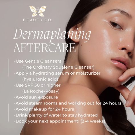 ✨AFTERCARE✨ After dermaplaning, your skin will be sensitive and vulnerable for up to a week. Here are some tips for taking care of your skin after dermaplaning: ✨Cleanse: Use a gentle, non-foaming cleanser to remove any residue. Avoid harsh cleansers and washcloths. ✨Moisturize: Apply a hydrating moisturizer with ingredients like hyaluronic acid, glycerin, or aloe vera. ✨Protect from the sun: Apply a broad-spectrum SPF 30 or higher every day, even indoors. Wear a wide-brimmed hat and... Dermaplaning After Care, Benefits Of Dermaplaning, Derma Planning, Dermaplaning At Home, Foaming Cleanser, Hydrating Moisturizer, Brimmed Hat, Hydrating Serum, Gentle Cleanser