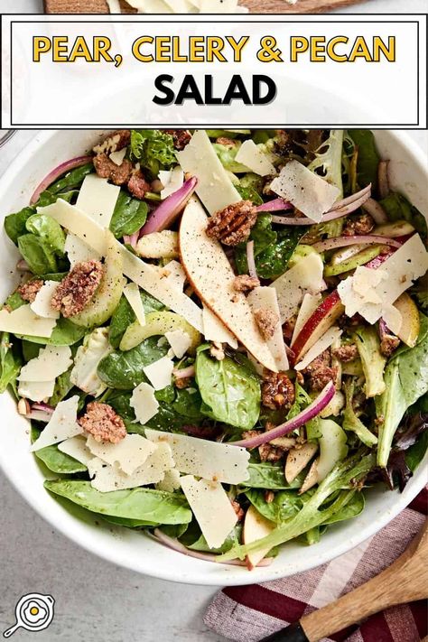 overhead photo of Pear, Celery and Pecan Salad in a white serving bowl with recipe title block at the top. Pecan Salad Recipe, Budget Bytes Recipes, Whole Food Eating, Veg Salads, Fall Lunch, Pear Salad Recipes, New Years Eve Ideas, Leafy Salad, Fall Meals